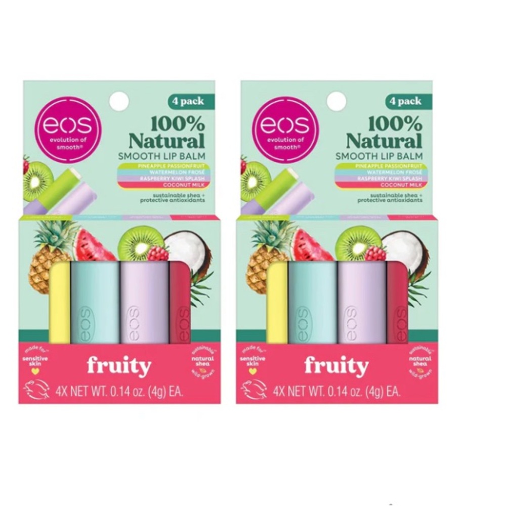 EOS | Bundle of 100% Natural Smooth Lip Balm Packs | 2 Packs FRUITY Sets Total 8